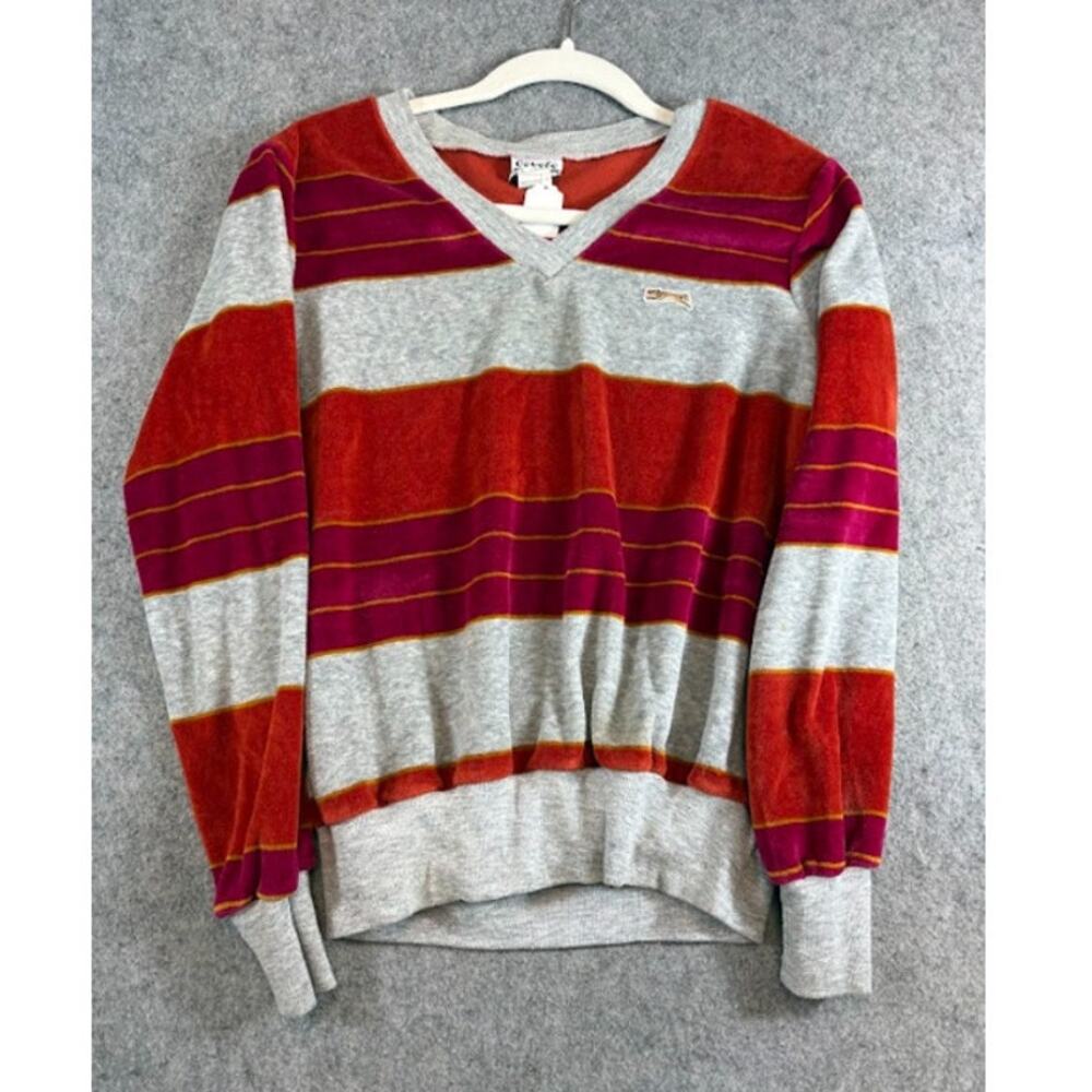 VTG 70s 80s Coyote Velour Stripe Pullover Vneck Sweater Men M Gray Magenta Retro